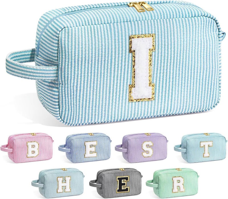 YOOLIFE Initial Cosmetic Bag for Women - Monogram Cute Makeup Bag Cosmetic Case Toiletry Pouch for Women Her Best Friend Sister Teacher, Personalized Birthday Gifts for Women, Light Blue I - Image 1